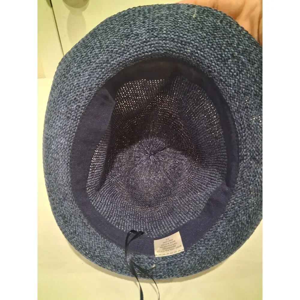 Kohl's Women's Navy Blue Knit Fedora Panama Hat Black Fringe Ribbon Band O/S